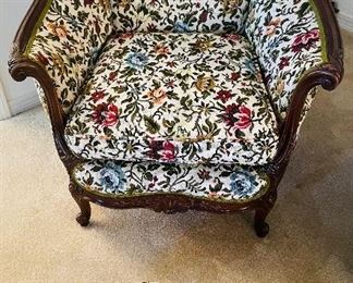 $250 
Carved walnut French style chair 35Wx31Dx35H

$50 
Cast iron matching foot rest oval stool 19x10x8