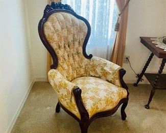 $165 
Victorian high back stuff chair yellow 28Wx33Dx44H New