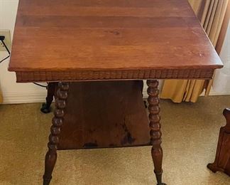 $120 
Tiger oak wood table with ball legs and glass feet 24Wx24D29H