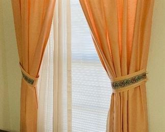 $200 
Salmon pink set of 3 windows curtains fo 36W w/faux wood rods