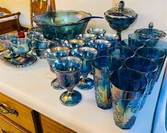 $300 
Indiana blue Carnival glass Blue iridescent Carnival set  Harvest grapes&nbsp;