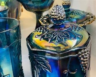 $300 
Indiana blue Carnival glass Blue iridescent Carnival set  Harvest grapes&nbsp;