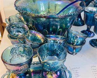 $300 
Indiana blue Carnival glass Blue iridescent Carnival set  Harvest grapes&nbsp;