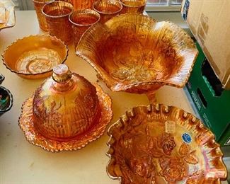 $275 
Carnival Imperial marigold Open Rose pitcher set / bowls /  cheese dome