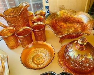$275 
Carnival Imperial marigold Open Rose pitcher set / bowls /  cheese dome