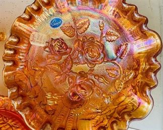 $275 
Carnival Imperial marigold Open Rose pitcher set / bowls /  cheese dome