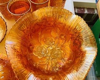 $275 
Carnival Imperial marigold Open Rose pitcher set / bowls /  cheese dome