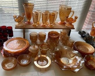 $300 
Iris & Herringbone peach marigold set 8 bowls/6 pudding/ 6  ice tea glasses
7 dinner pl, 12B&B, 1 round pl, 1 serving bowl
6 cups/ 5 sherry glasses / 9 ice cream / C&S / butter or
  cheese plate&nbsp;
1 pitcher / 1 vase fluted, 2 candlesticks&nbsp;
