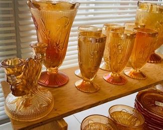 $300 
Iris & Herringbone peach marigold set 8 bowls/6 pudding/ 6  ice tea glasses
7 dinner pl, 12B&B, 1 round pl, 1 serving bowl
6 cups/ 5 sherry glasses / 9 ice cream / C&S / butter or
  cheese plate&nbsp;
1 pitcher / 1 vase fluted, 2 candlesticks&nbsp;