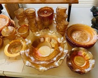 $300 
Iris & Herringbone peach marigold set 8 bowls/6 pudding/ 6  ice tea glasses
7 dinner pl, 12B&B, 1 round pl, 1 serving bowl
6 cups/ 5 sherry glasses / 9 ice cream / C&S / butter or
  cheese plate&nbsp;
1 pitcher / 1 vase fluted, 2 candlesticks&nbsp;