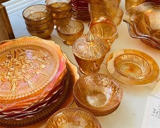 $300 
Iris & Herringbone peach marigold set 8 bowls/6 pudding/ 6  ice tea glasses
7 dinner pl, 12B&B, 1 round pl, 1 serving bowl
6 cups/ 5 sherry glasses / 9 ice cream / C&S / butter or
  cheese plate&nbsp;
1 pitcher / 1 vase fluted, 2 candlesticks&nbsp;