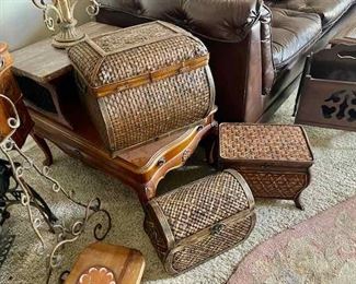 2 vintage mid century wood marble top end table. also baskets