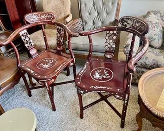 2 asian carved mother of pearl inlay corner chairs
