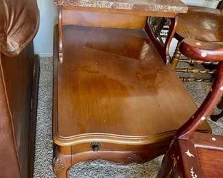 2 vintage mid century wood marble top end table