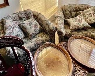 2 floral mid century arm chairs