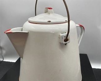Vintage Enamel Ware Large Pitcher/Coffee Pot w Wood Handle