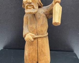 Vintage Hand Carved Wooden Man w Bottle