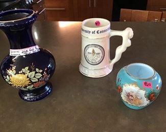 Portrait Vase, University of Conn 100 year anniversary mug, 22K Gold Trim Cobalt Blue Vase.