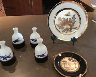 Vintage JAL  (Japan Airlines) Saki servers in Holders, Vintage Chokin Plates