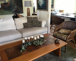 Mid-Century Coffee Table with inlaid Tiles, Vintage Cane Chair ( Set of 6)