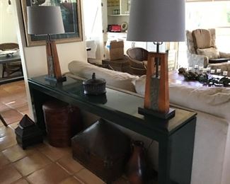 Pr. Mid-Century Lamps-Dark Green Lacquer Sofa Table, Asian Baskets,