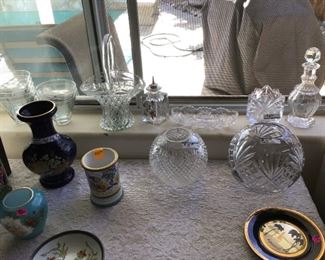 Vintage Crystal Rose Bowls,  Crystal Decanter, Crystal Basket, Portrait VAse, Chokin Plates 