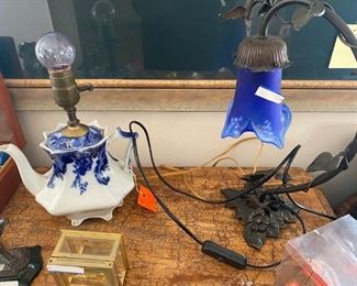 Flow Blue Teapot Lamp & Antique Tulip/Bronze Lamp