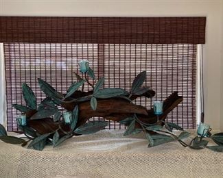 Mid-Century Designer Driftwood/Copper Art Piece inches long holding 5 votive candles  54" x 19
