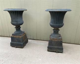$190. Pair of black outdoor urns.  15" in diameter by 27" h. each.  