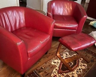 $90 Pair red leather barrel chairs as found - will add a photo of the wear Tuesday afternoon.  