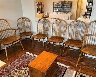 $590. Set of six antique Windsor chairs - four without and two with arms.