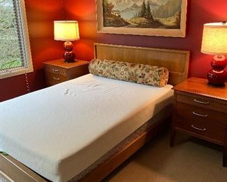  $220. Mid-century queen bed frame and mattress for sale.  Headboard is 60"w x 40"h, footboard is a low profile only 16"h.   Chest of drawers included and is shown in the next photo has an as found issue on one leg.  Mattress like new.