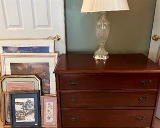 DRESSER, WALL ART, LAMP