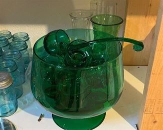 GREEN GLASS PUNCH BOWL 