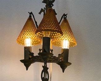 Arts and Crafts Horse/Dragon Chandelier with Honeycomb Glass Shades