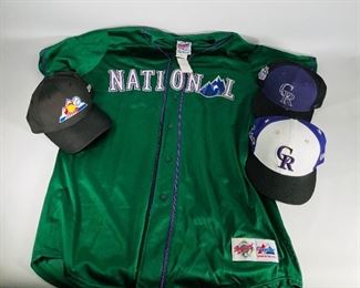  NEW Majestic MLB Colorado Rockies All Star Game Jersey and Three (3) Colorado Rockies Ball Caps