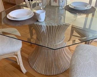 McGuire style mid century modern bundled rattan table with glass top