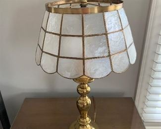 1of 2 matching Vintage brass table lamp with Capiz shell shade
