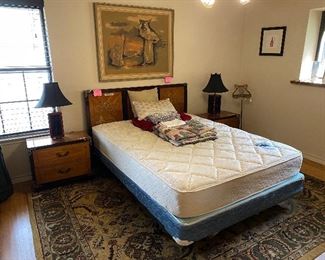 Bassett Vintage Asian style bedroom suite with queen headboard and frame, 2 night stands and dresser with tri fold mirror. Note the carving on all pieces