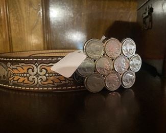 Leather western belt with Buffalo nickel belt buckle