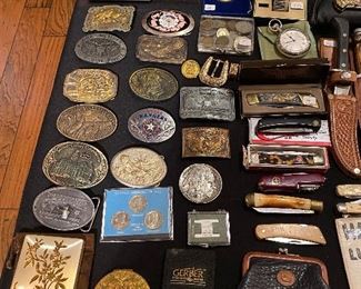 Vintage belt buckles, nice pocket knives and hunting knives