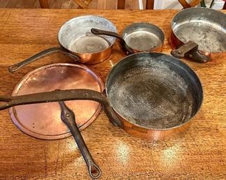 All French Made Vintage Copper Skillets and Sauce Pans.  Beautiful pieces of Culinary Art.