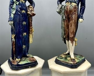 Ornate Porcelain 18th Century Figurines with Marble Stands 