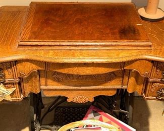 Antique New Home Sewing Machine and Table with Treadle