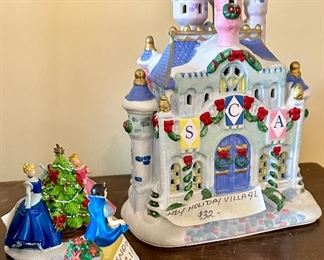 Porcelain Holiday Village Castle and two Disney Figurines