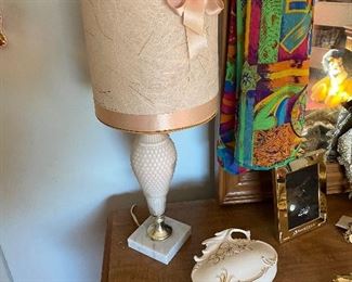 Pair of Vintage Milk Glass Lamps with Original Shades