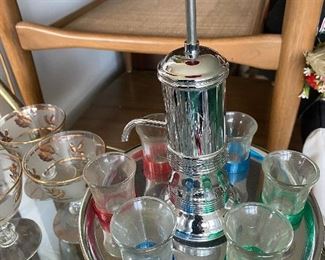 Mid Century Hazel Atlas Chrome Pump with Shot Glasses/Caddy