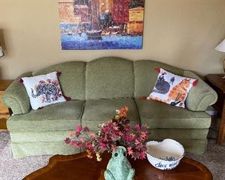 Pier1 Sage Color Over Stuffed Sofa, Walter E, Smith Carved Cocktail Table