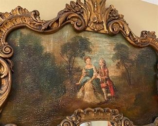 Antique Louis XV French Trumeau Ornate Gilded Wall Mirror with Oil Painting