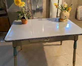 Vintage Enamel Kitchen Table with Drawer